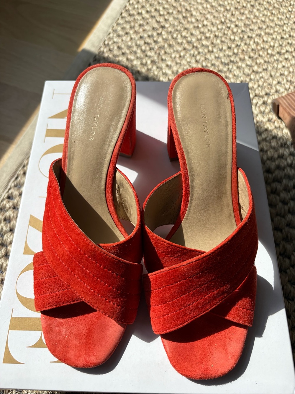 Ann Taylor Red Suede Crisscross Slide Heels